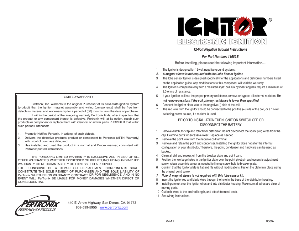 PerTronix Ignitor 1168LS User Manual | 2 pages