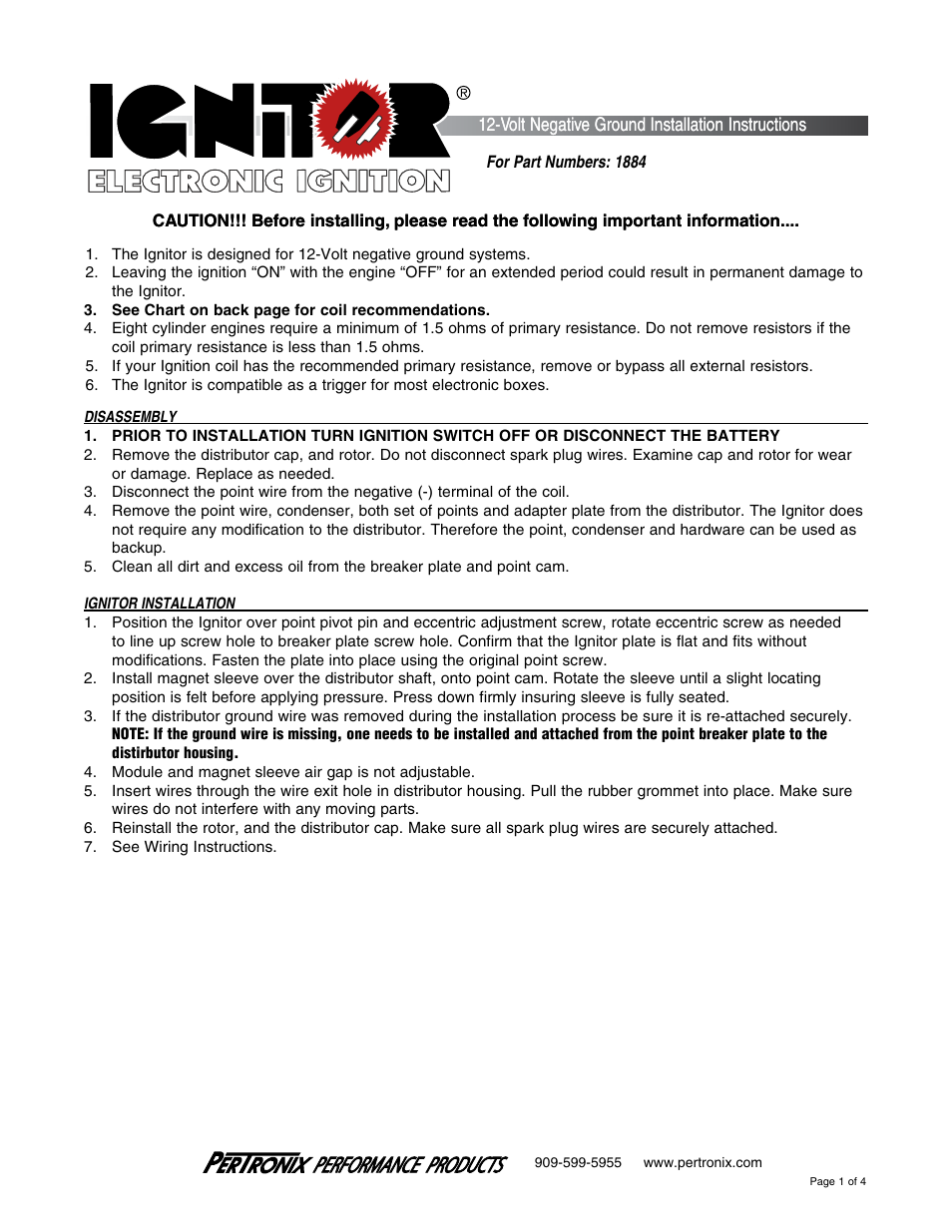 PerTronix Ignitor 1884 User Manual | 4 pages