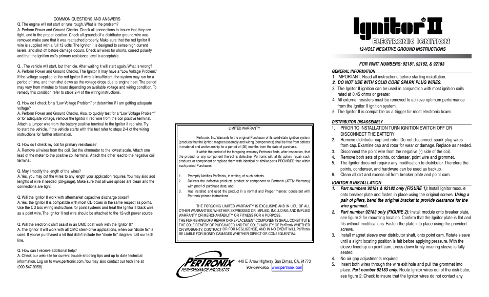 PerTronix Ignitor 92183 User Manual | 2 pages