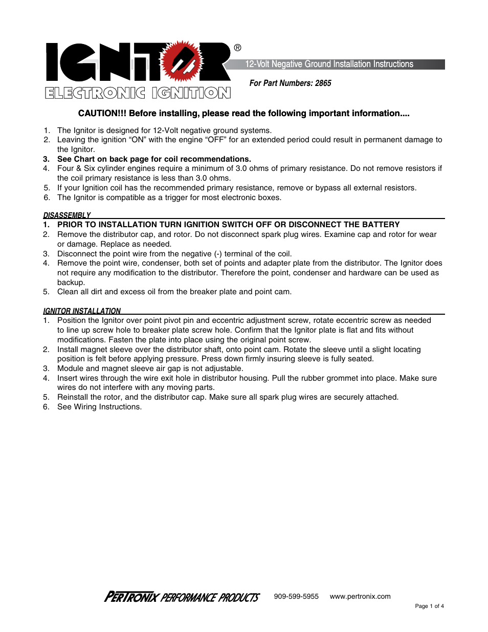 PerTronix Ignitor 2865 User Manual | 4 pages