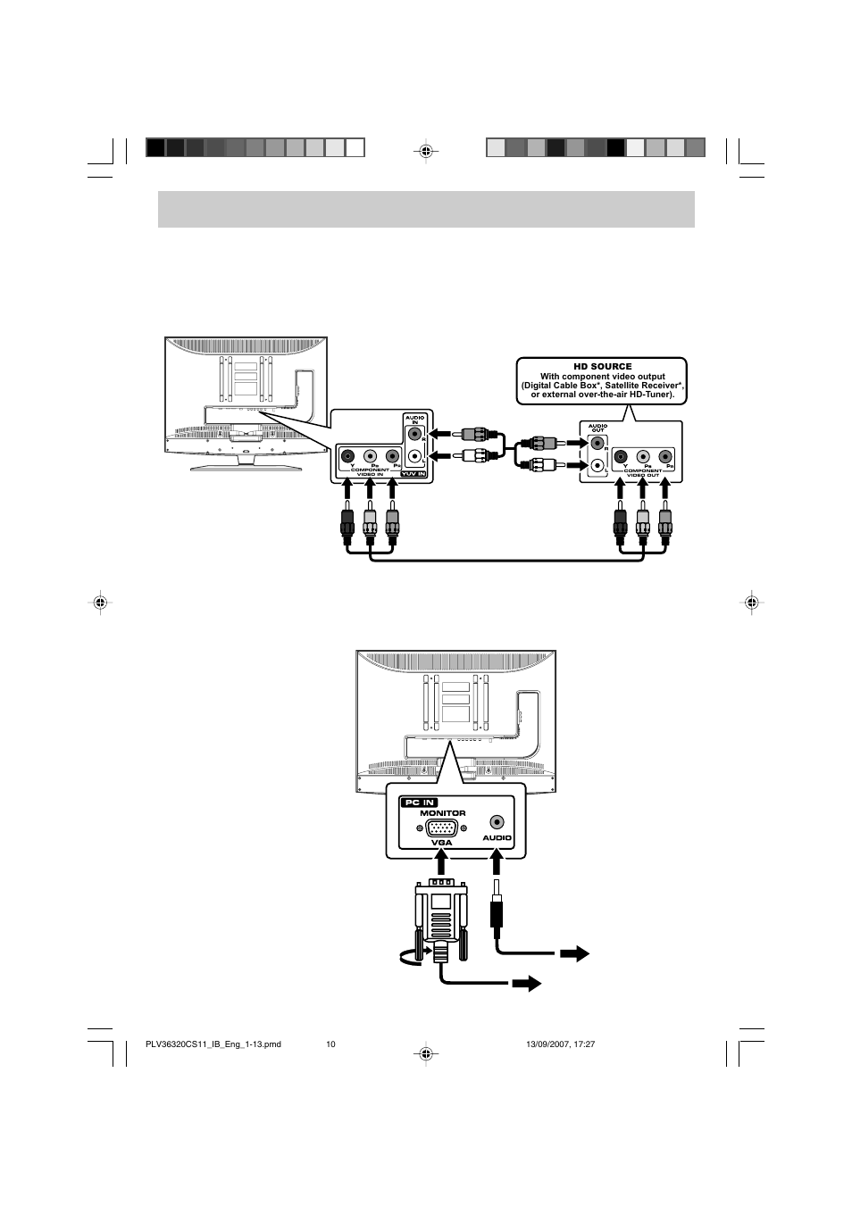 Connections, Connecting a high-definition (hd) source, Connecting a pc | Audiovox FPE3208 User Manual | Page 11 / 22