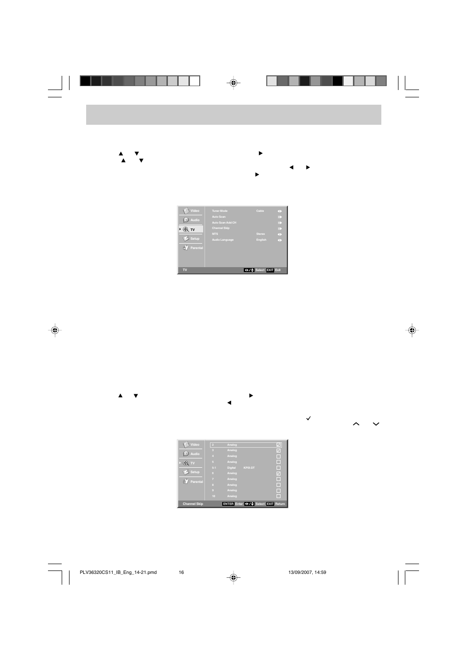Tv setup, Tv menu (for tv mode only), Channel skip setting | Audiovox FPE3208 User Manual | Page 17 / 22