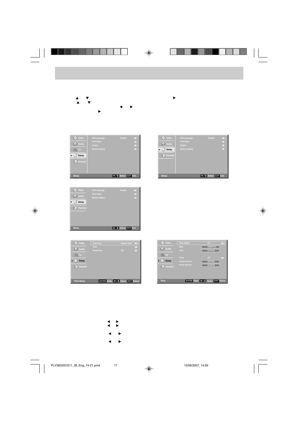 Tv setup, Setup menu, Time setup setting | Audiovox FPE3208 User Manual | Page 18 / 22