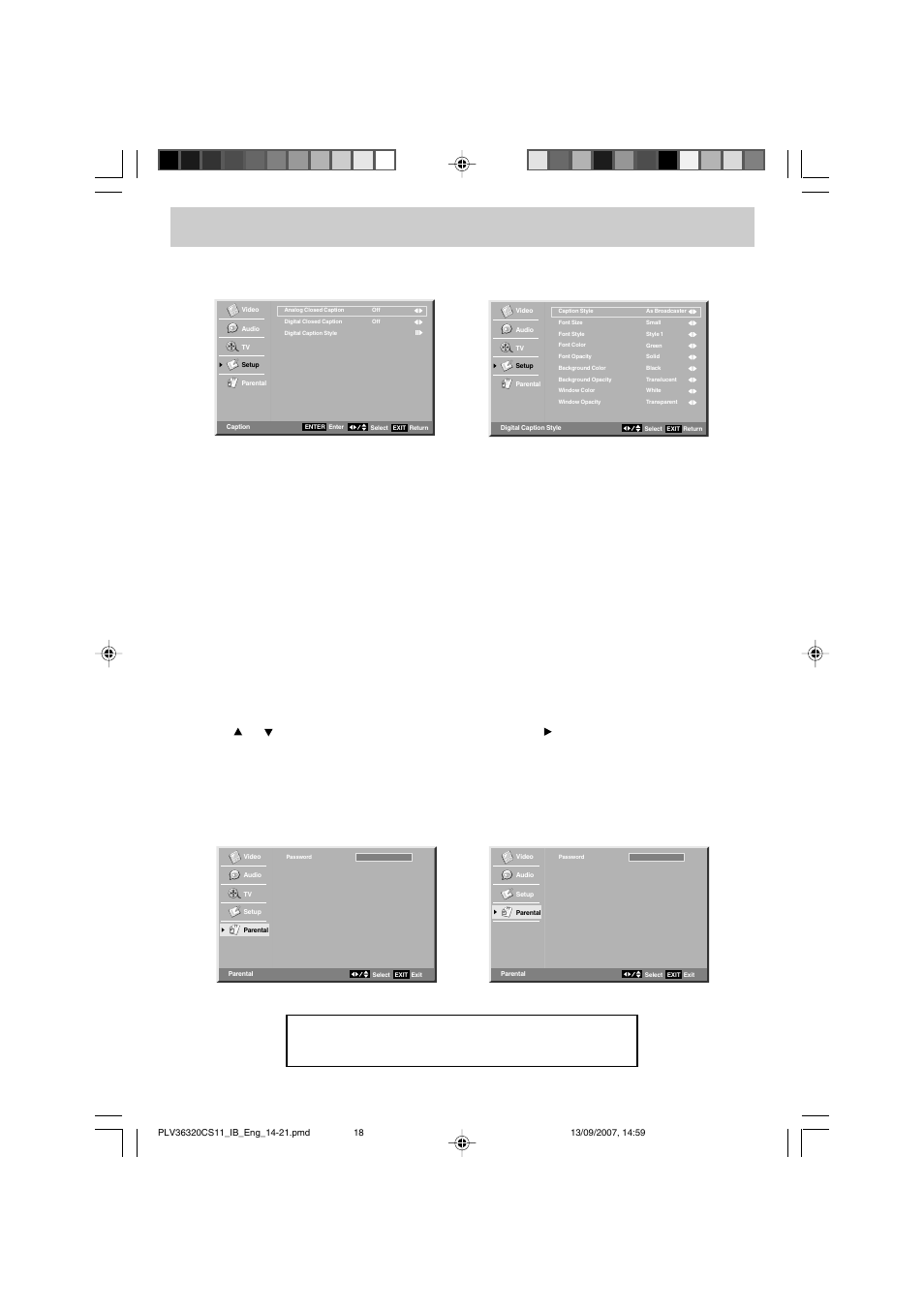 Tv setup, Parental menu, Restore setting | Caption setting, Password | Audiovox FPE3208 User Manual | Page 19 / 22