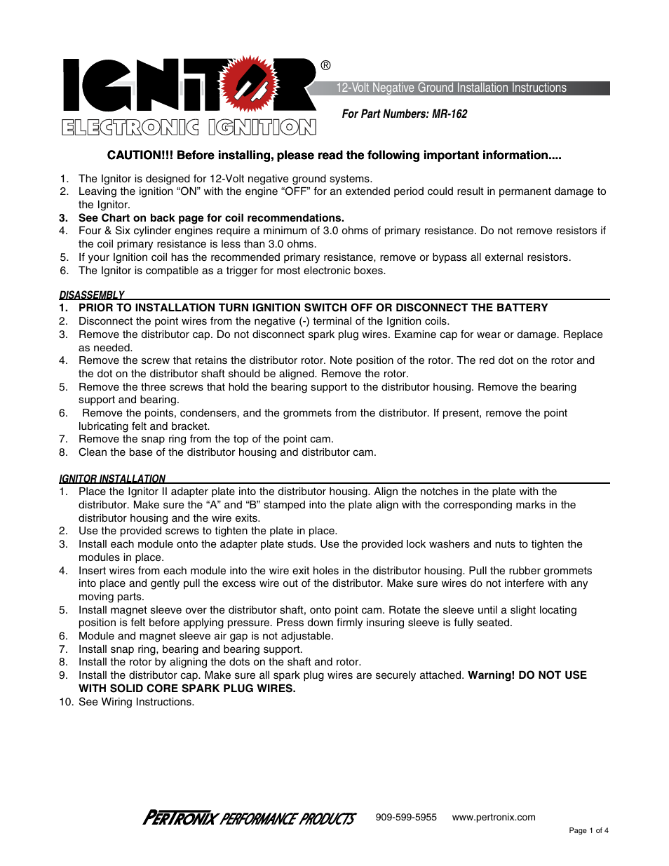 PerTronix Ignitor MR-162 User Manual | 4 pages