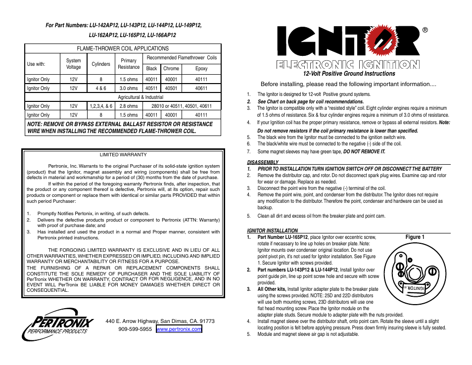 PerTronix Ignitor LU-166AP12 User Manual | 2 pages