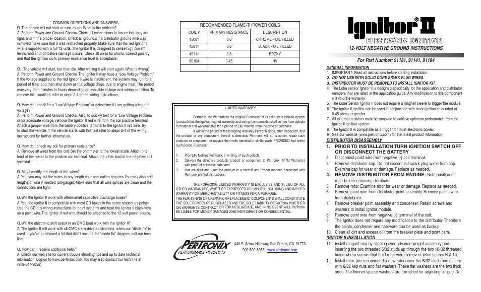 PerTronix Ignitor II 91164 User Manual | 2 pages