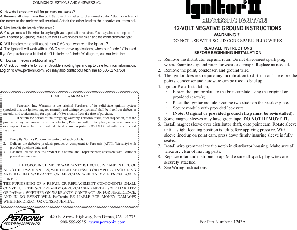 PerTronix Ignitor II 91243A User Manual | 2 pages