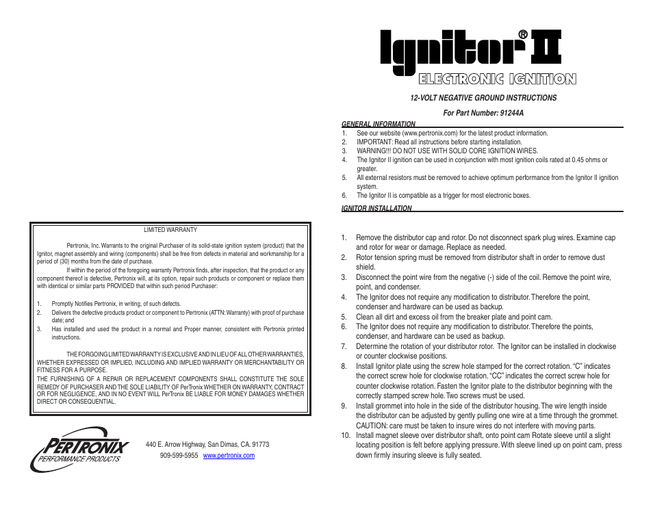 PerTronix Ignitor II 91244A User Manual | 2 pages