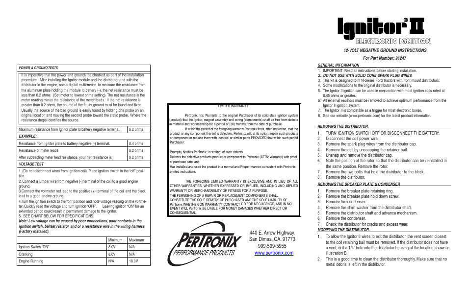 PerTronix Ignitor II 91247 User Manual | 2 pages