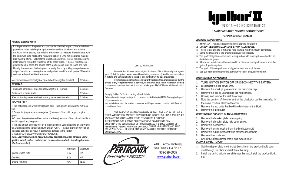 PerTronix Ignitor II 91247XT User Manual | 2 pages