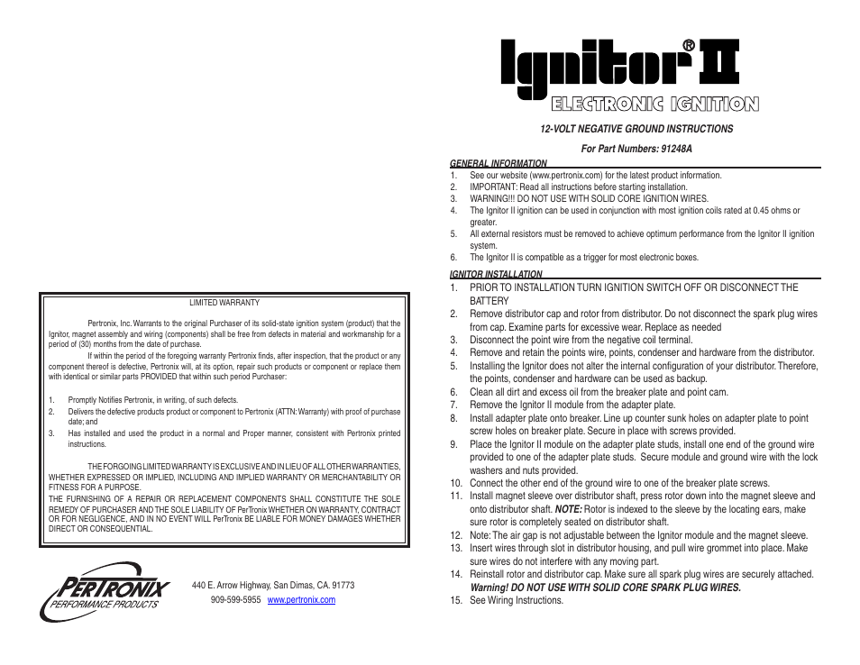 PerTronix Ignitor II 91248A User Manual | 2 pages