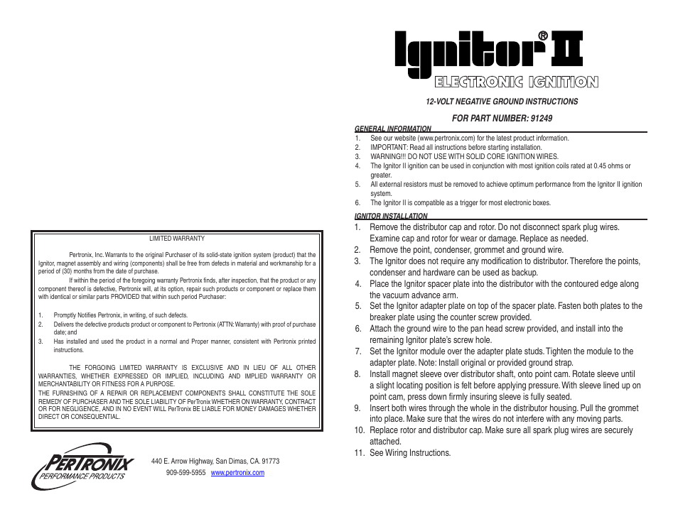 PerTronix Ignitor II 91249 User Manual | 2 pages