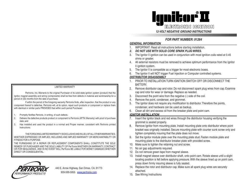 PerTronix Ignitor II 91264 User Manual | 2 pages