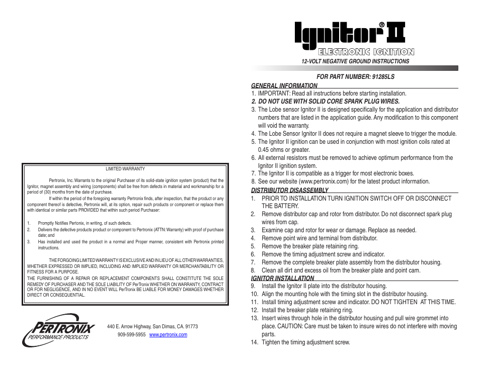 PerTronix Ignitor II 91285LS User Manual | 2 pages