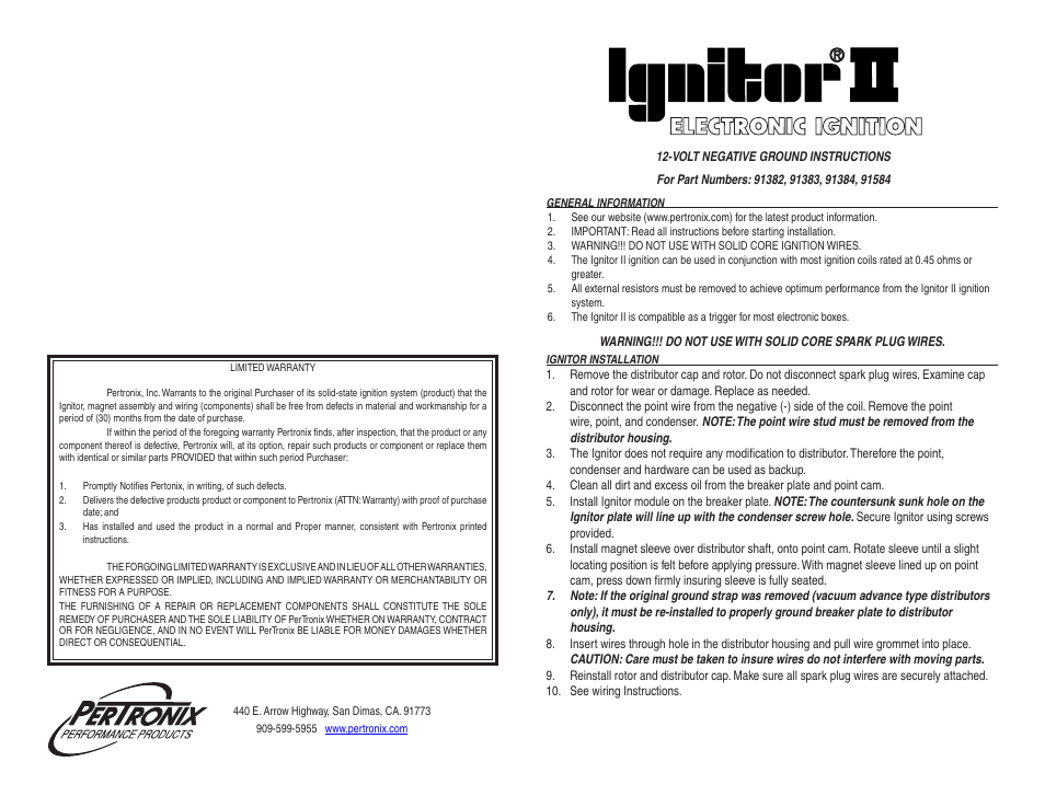 PerTronix Ignitor II 91584 User Manual | 2 pages