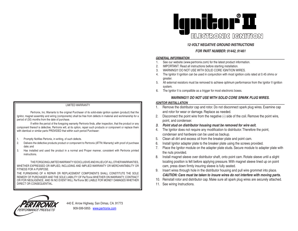 PerTronix Ignitor II 91461 User Manual | 2 pages