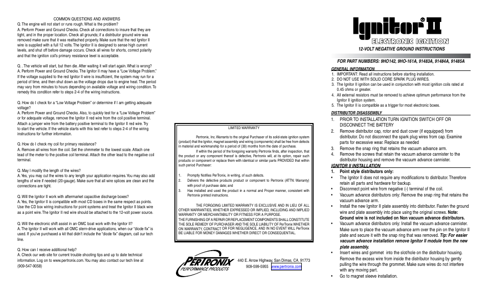 PerTronix Ignitor II 91485A User Manual | 2 pages