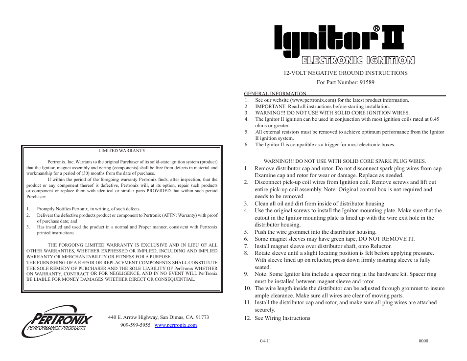 PerTronix Ignitor II 91589 User Manual | 2 pages
