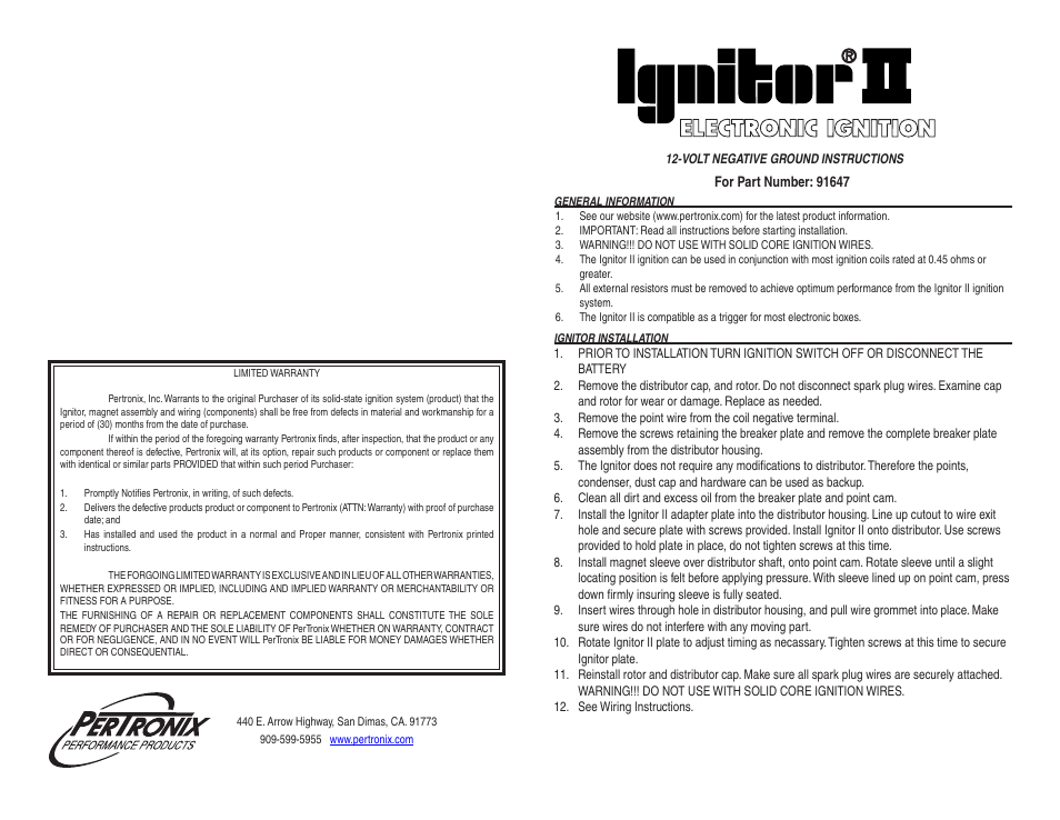 PerTronix Ignitor II 91647 User Manual | 2 pages