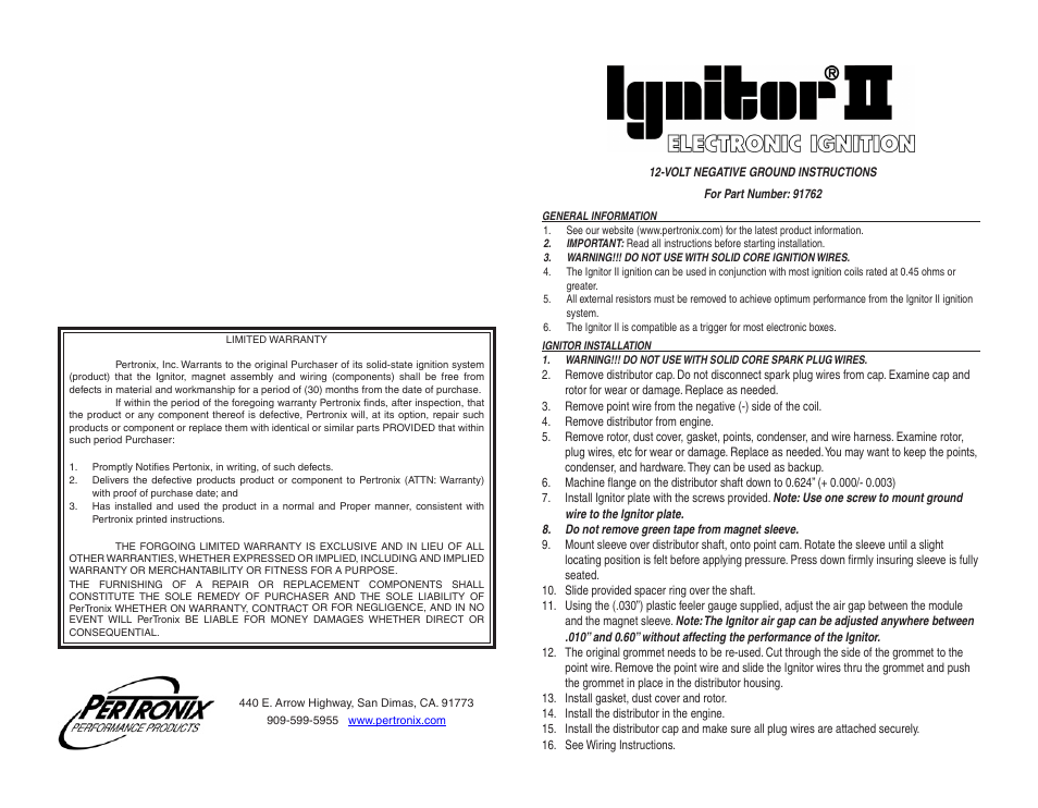 PerTronix Ignitor II 91762 User Manual | 2 pages