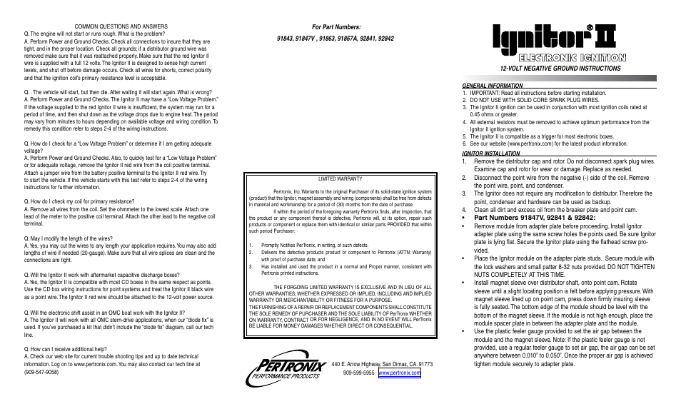 PerTronix Ignitor II 92842 User Manual | 2 pages