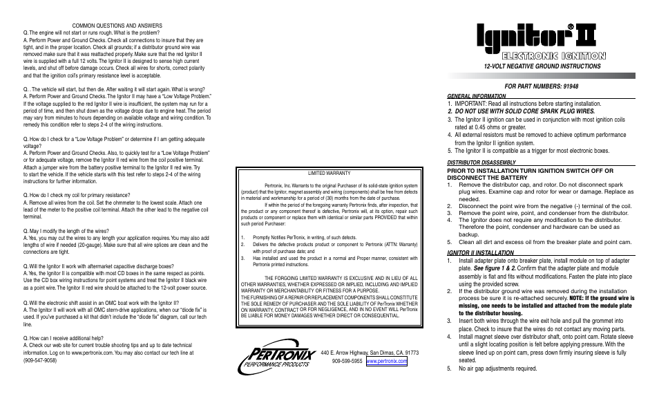 PerTronix Ignitor II 91948 User Manual | 2 pages