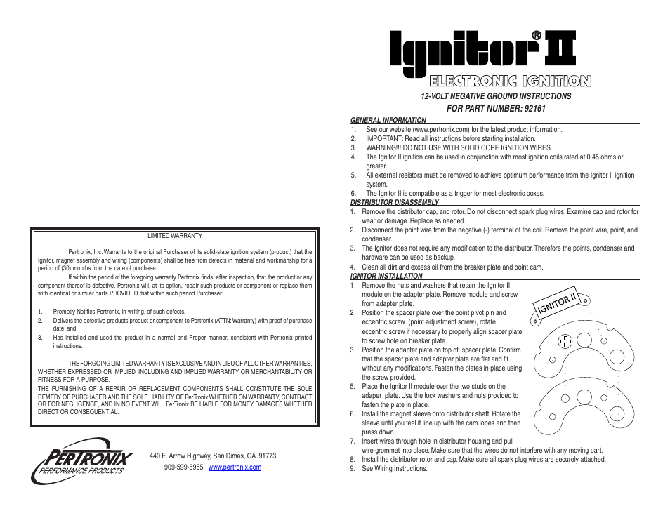 PerTronix Ignitor II 92161 User Manual | 2 pages