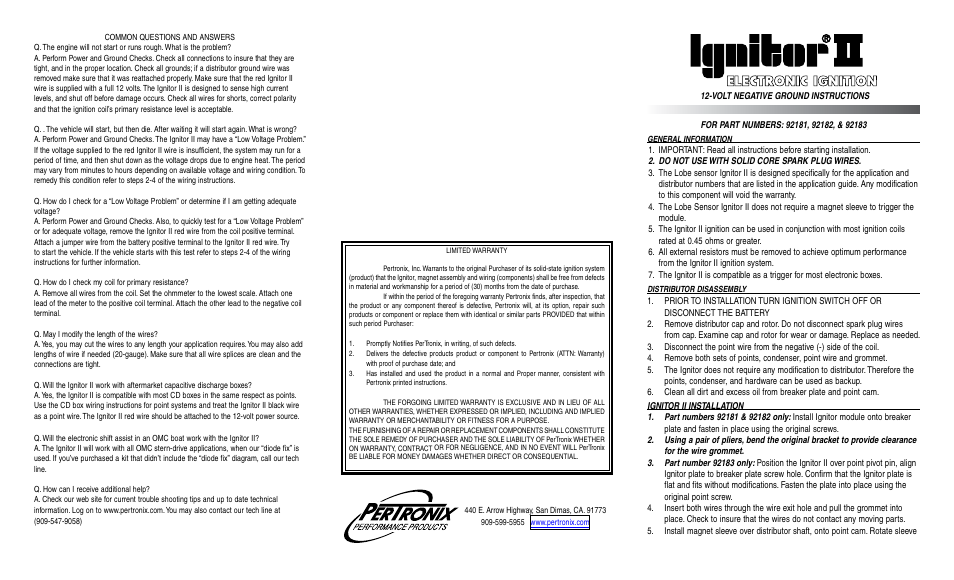 PerTronix Ignitor II 92183 User Manual | 2 pages
