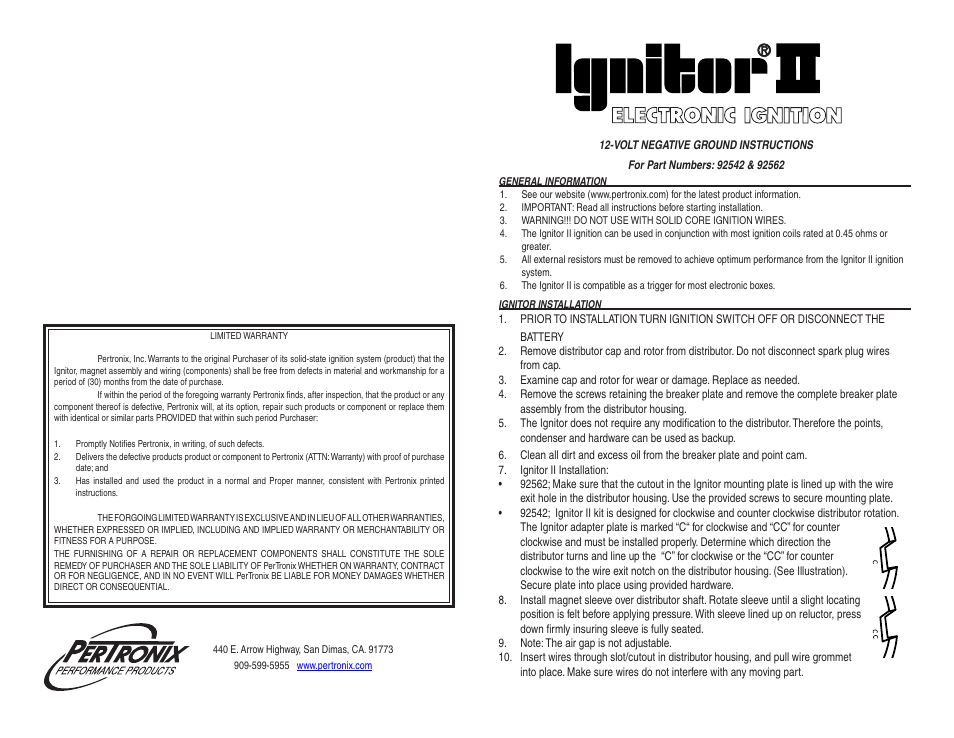 PerTronix Ignitor II 92562 User Manual | 2 pages