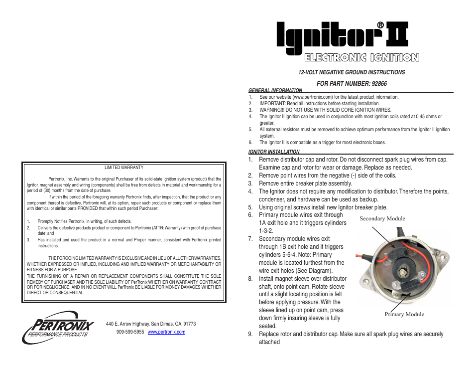 PerTronix Ignitor II 92866 User Manual | 2 pages