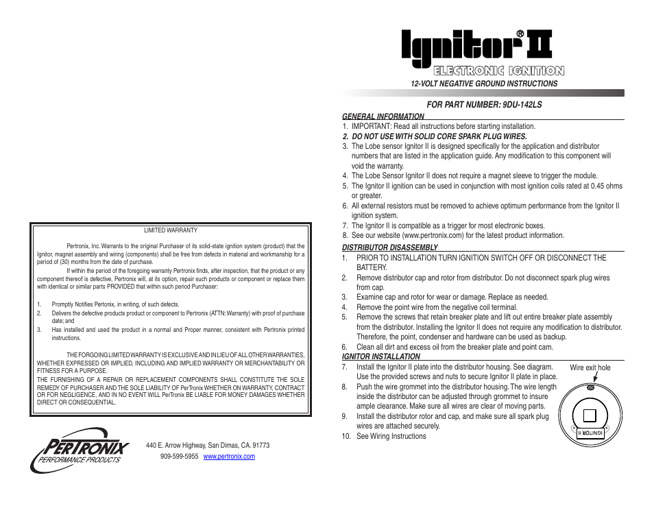 PerTronix Ignitor II 9DU-142LS User Manual | 2 pages