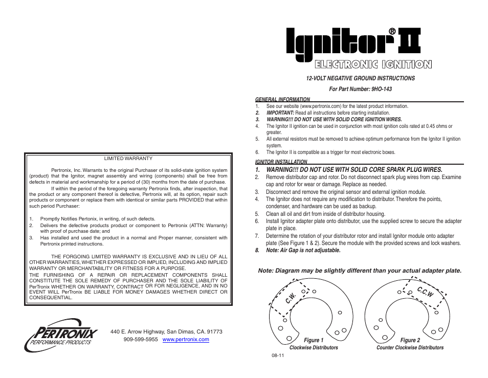 PerTronix Ignitor II 9HO-143 User Manual | 2 pages