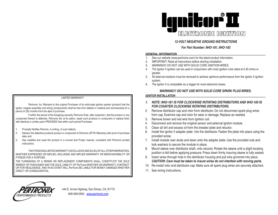 PerTronix Ignitor II 9HO-183 User Manual | 2 pages