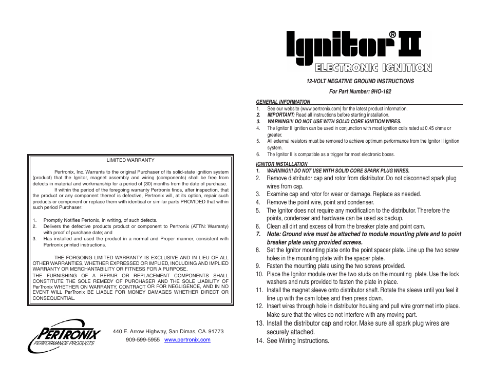 PerTronix Ignitor II 9HO-182 User Manual | 2 pages