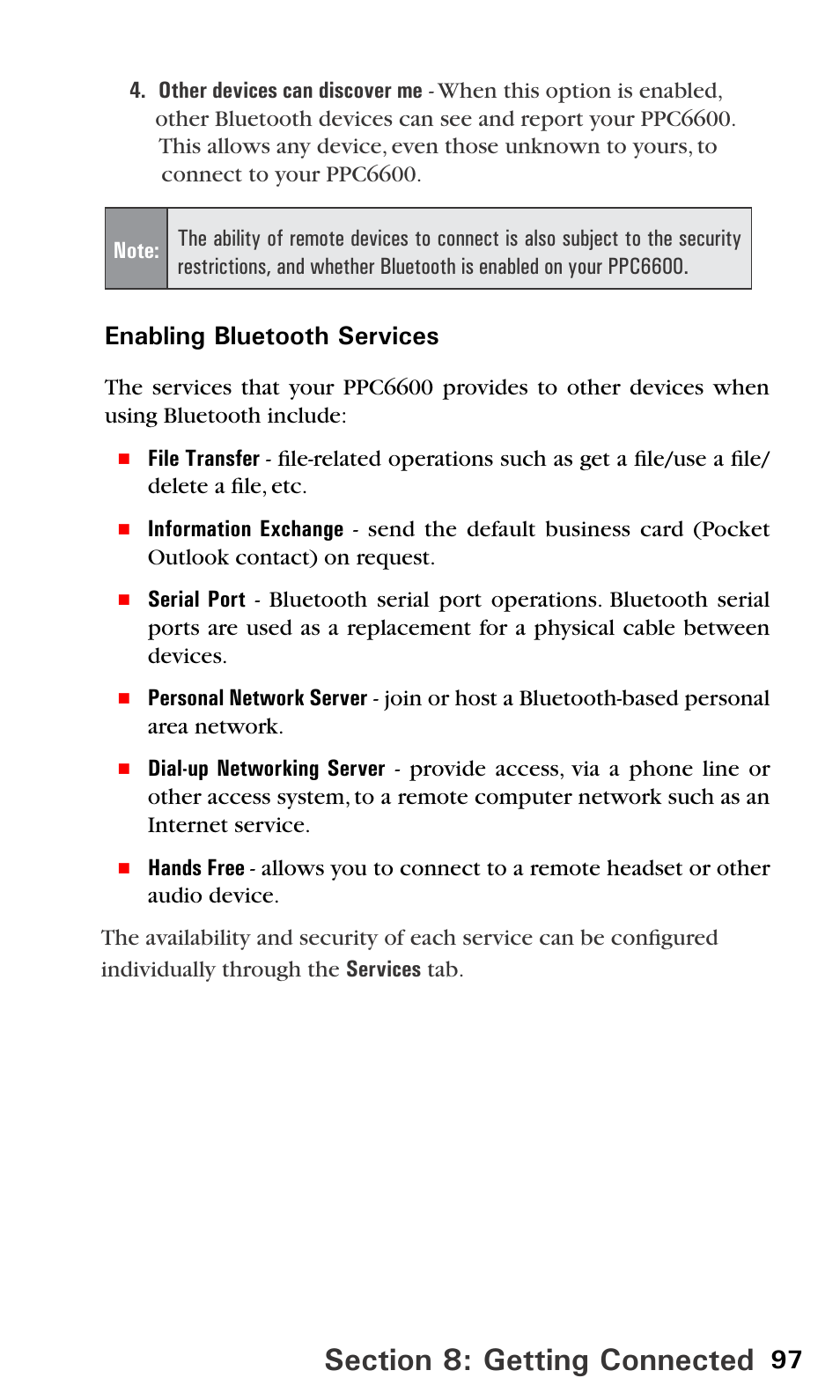 Enabling bluetooth services | Audiovox PPC6600 User Manual | Page 102 / 195