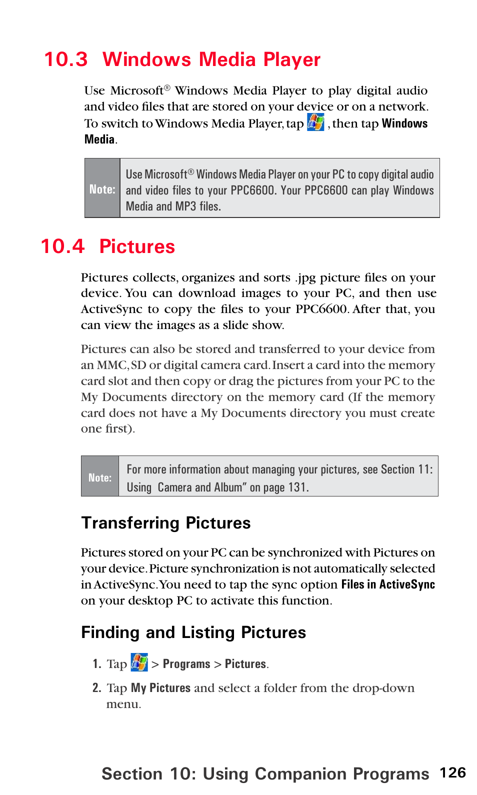 4 pictures, 3 windows media player, 126 10.3 windows media player | Transferring pictures, Finding and listing pictures | Audiovox PPC6600 User Manual | Page 131 / 195