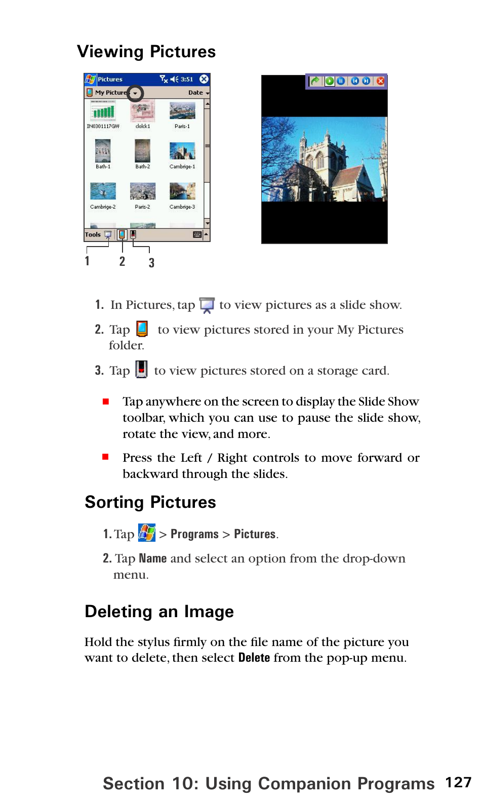 Sorting pictures, Deleting an image | Audiovox PPC6600 User Manual | Page 132 / 195