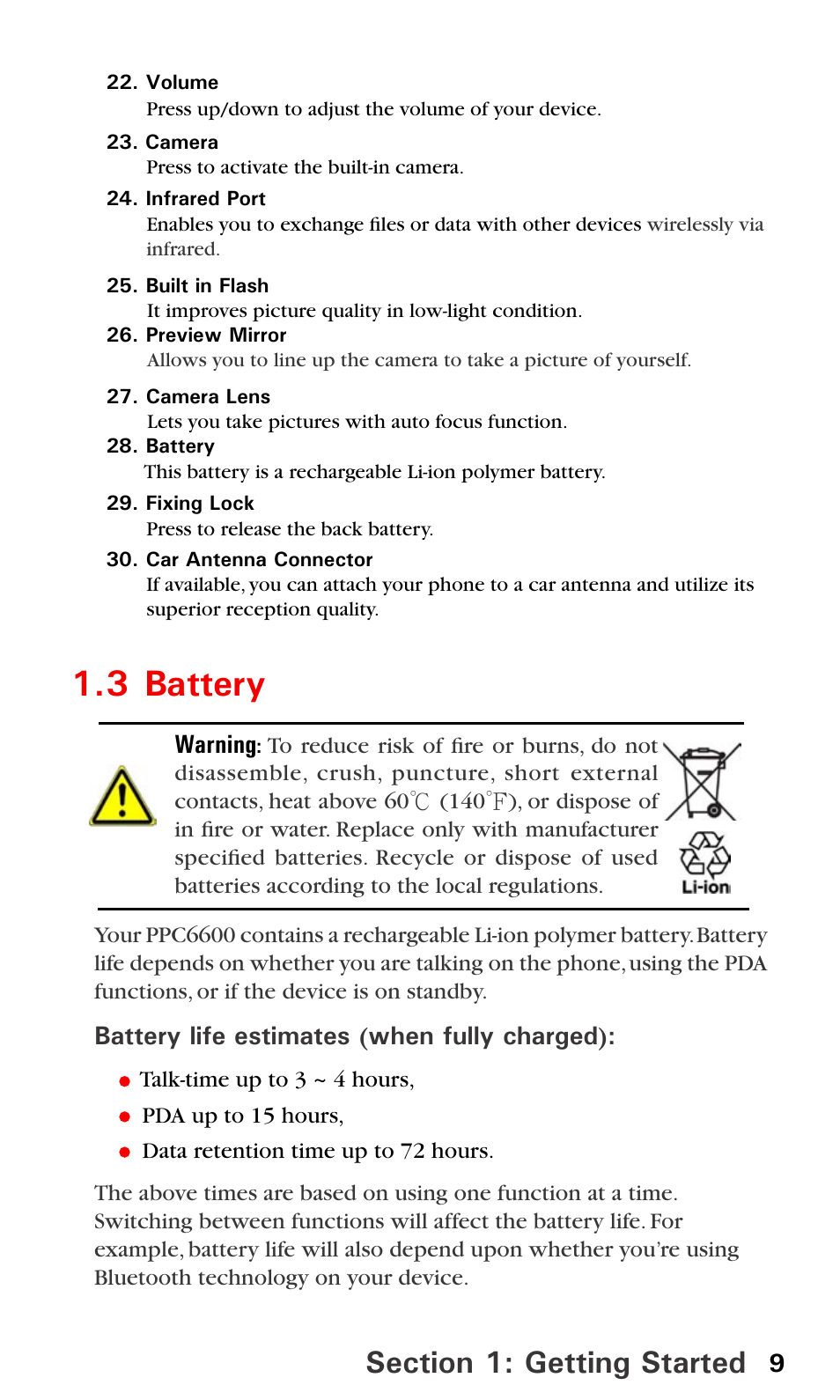 3 battery, Warning, Battery life estimates (when fully charged) | Audiovox PPC6600 User Manual | Page 14 / 195