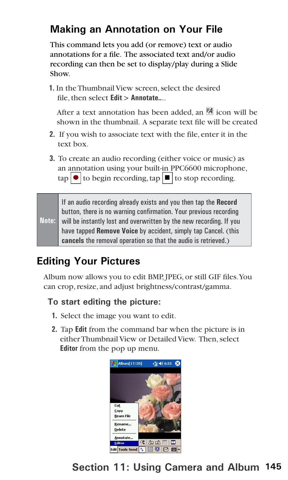 Editing your pictures, Making an annotation on your file | Audiovox PPC6600 User Manual | Page 150 / 195