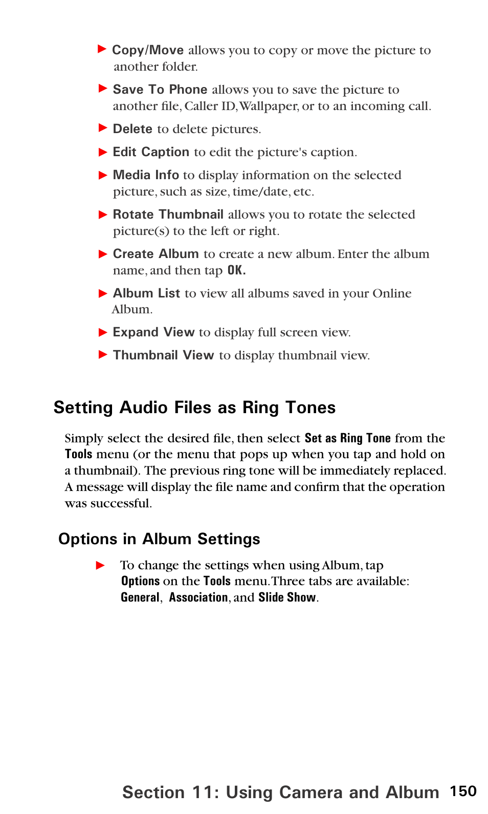 Setting audio files as ring tones, Options in album settings | Audiovox PPC6600 User Manual | Page 155 / 195