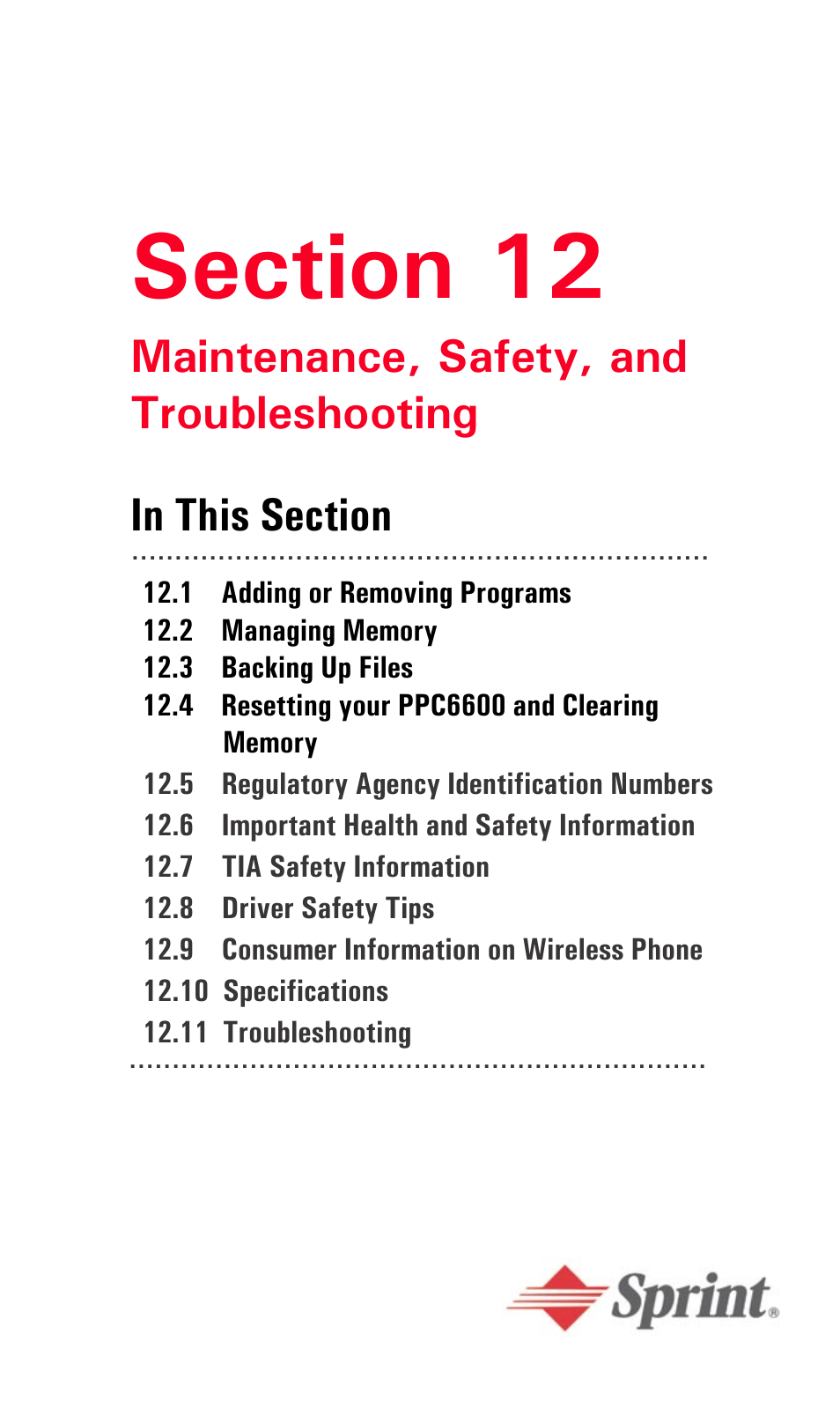 Section 11, Section 12: maintenance, safety, and, Troubleshooting | Audiovox PPC6600 User Manual | Page 162 / 195