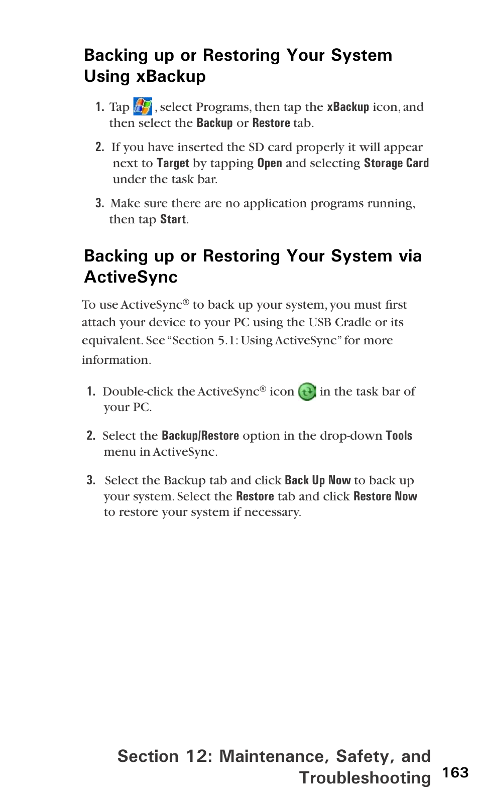 Backing up or restoring your system using xbackup, Backing up or restoring your system via activesync | Audiovox PPC6600 User Manual | Page 168 / 195