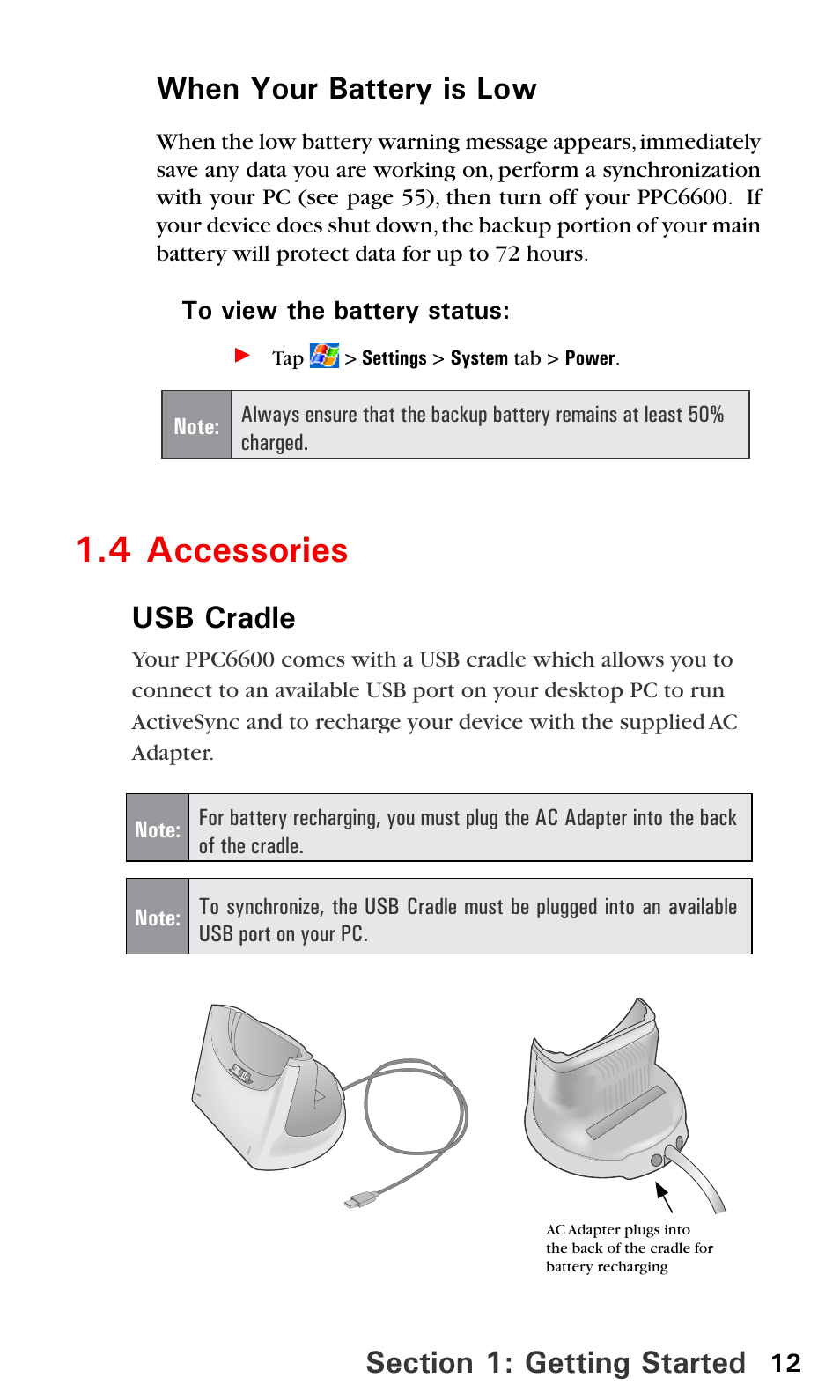 4 accessories, Usb cradle, When your battery is low | Audiovox PPC6600 User Manual | Page 17 / 195