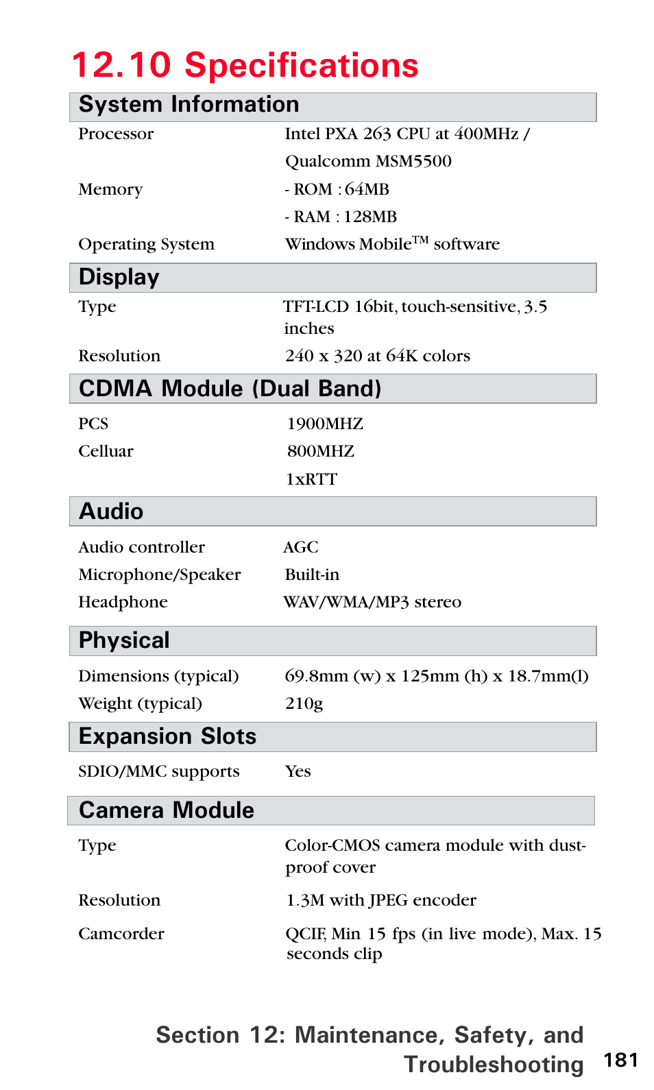10 specifications, System information, Display | Cdma module (dual band), Audio, Physical, Expansion slots, Camera module | Audiovox PPC6600 User Manual | Page 186 / 195