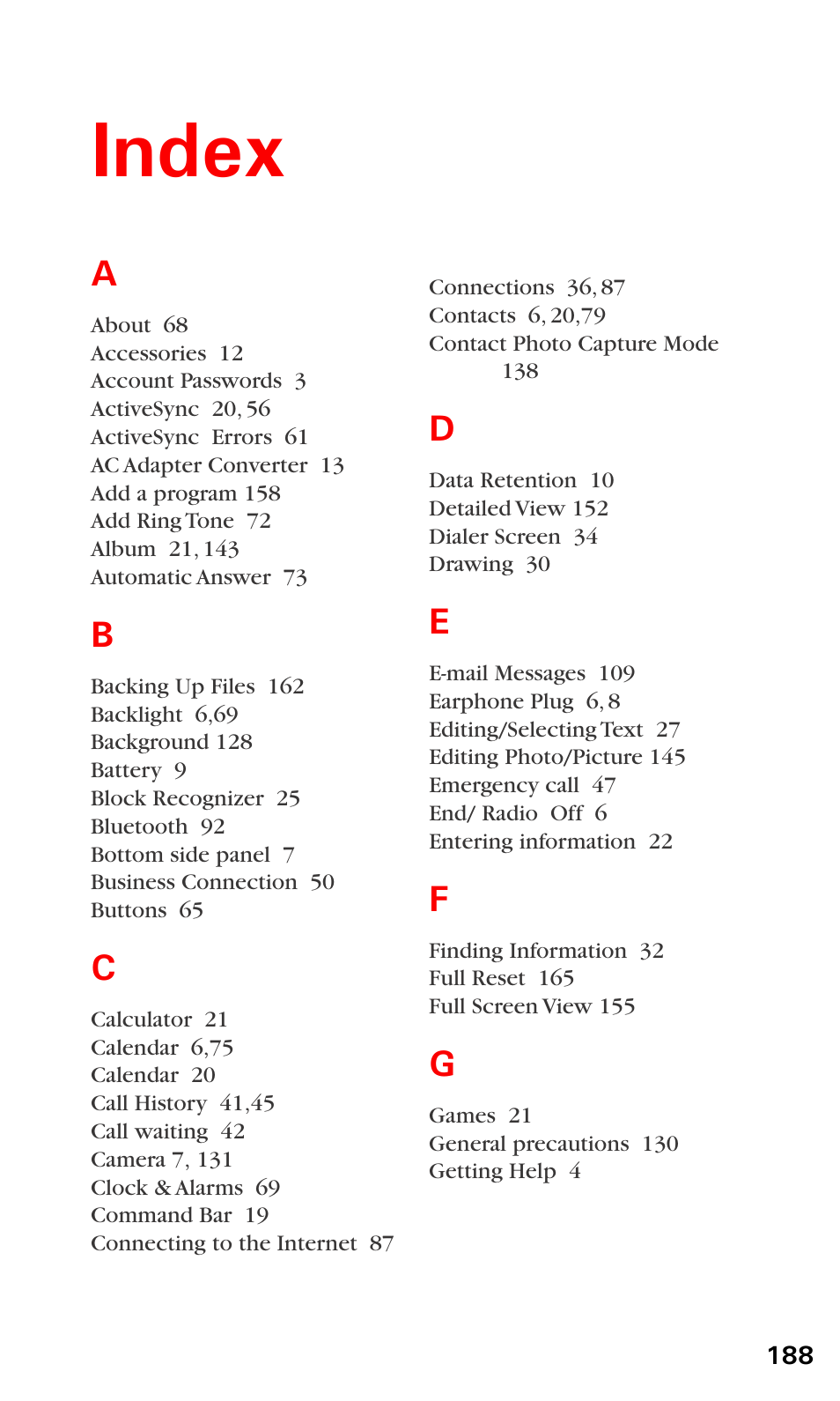 Index | Audiovox PPC6600 User Manual | Page 193 / 195