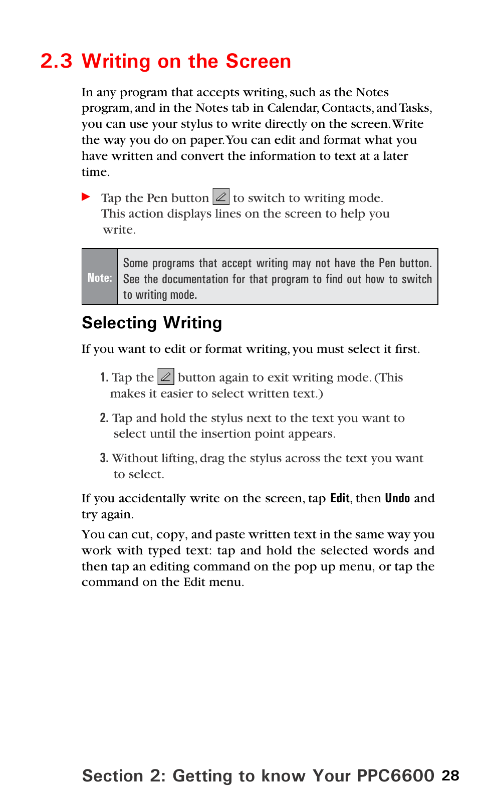 3 writing on the screen, Selecting writing | Audiovox PPC6600 User Manual | Page 33 / 195