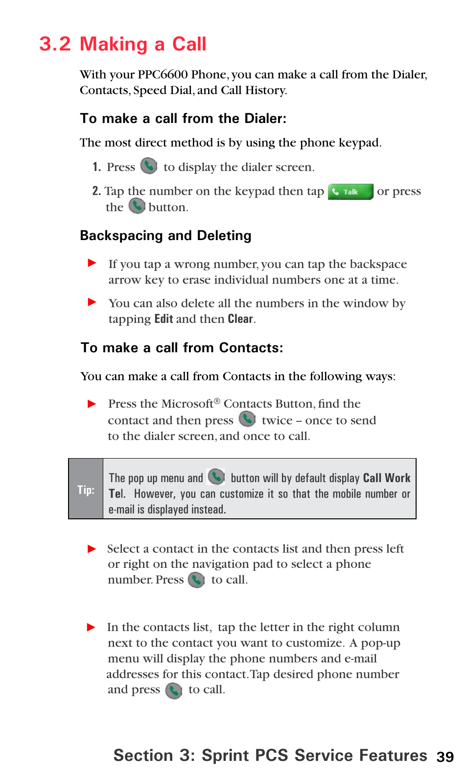 2 making a call, Backspacing and deleting | Audiovox PPC6600 User Manual | Page 44 / 195