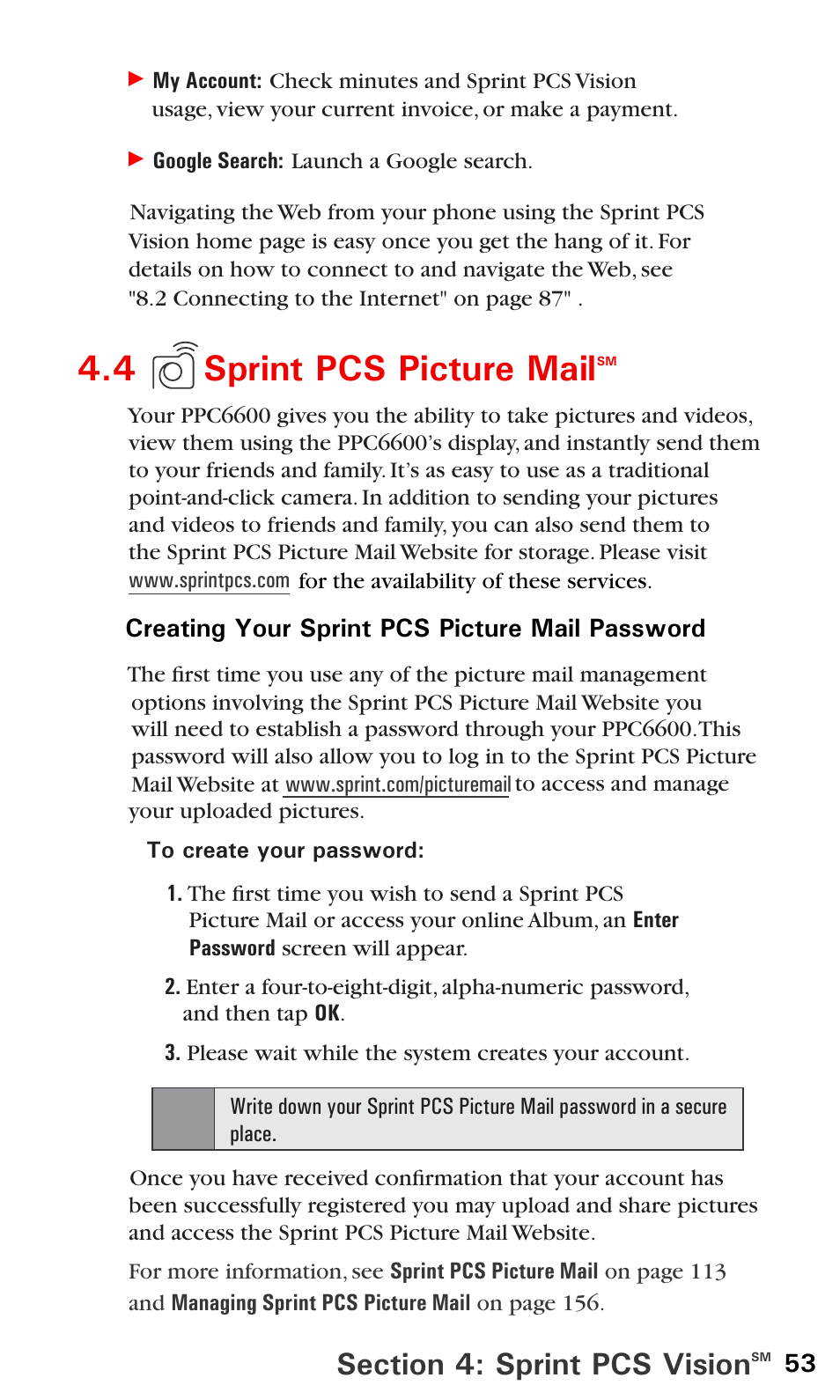 4 picture mailsm, 4 sprint pcs picture mail, Creating your sprint pcs picture mail password | Audiovox PPC6600 User Manual | Page 58 / 195