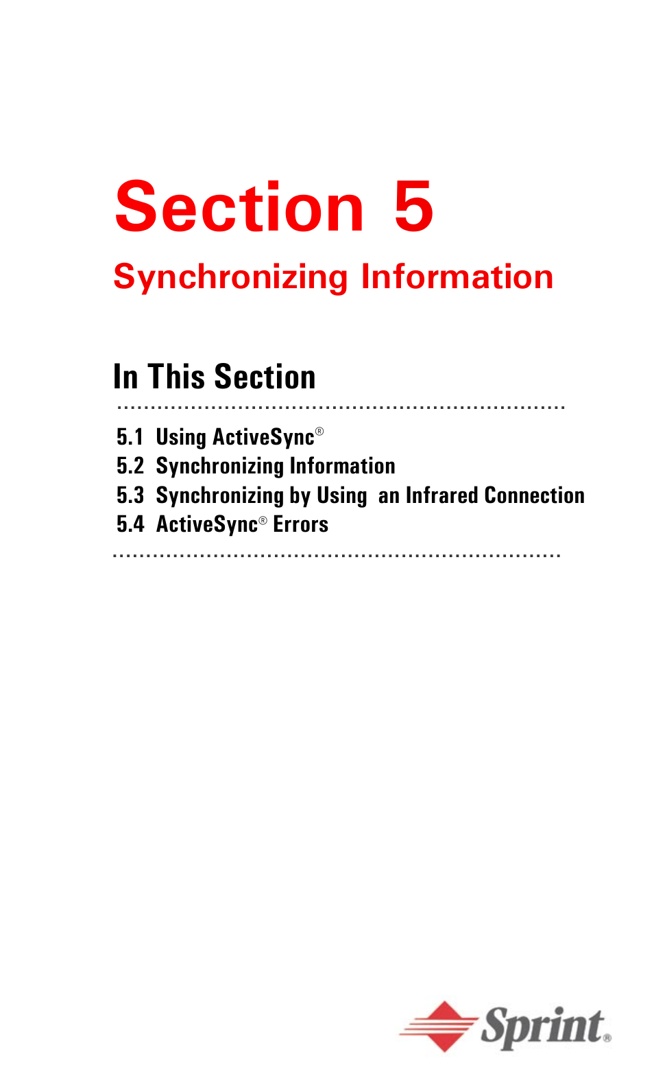 Section 5, Section 5: synchronizing information | Audiovox PPC6600 User Manual | Page 60 / 195